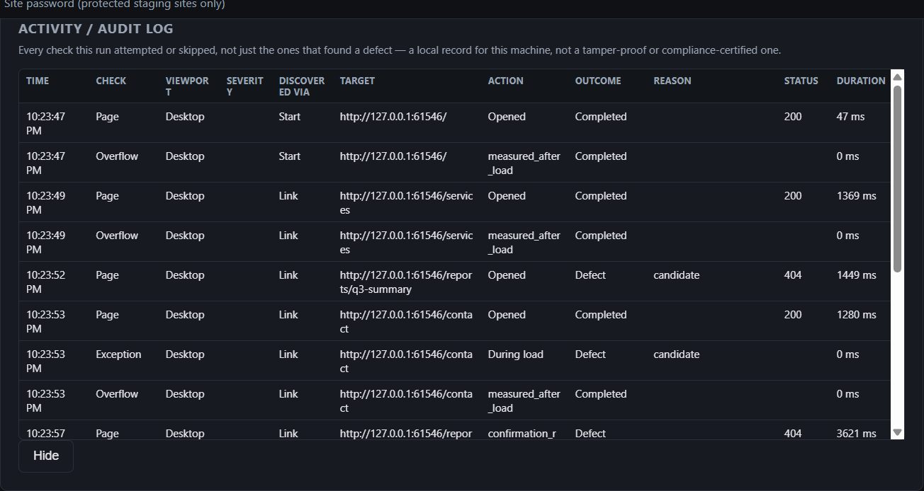 The audit log in Evidence Engine for the demo scan: one row per check with the page, the action, the outcome and the duration, and skipped rows kept apart.