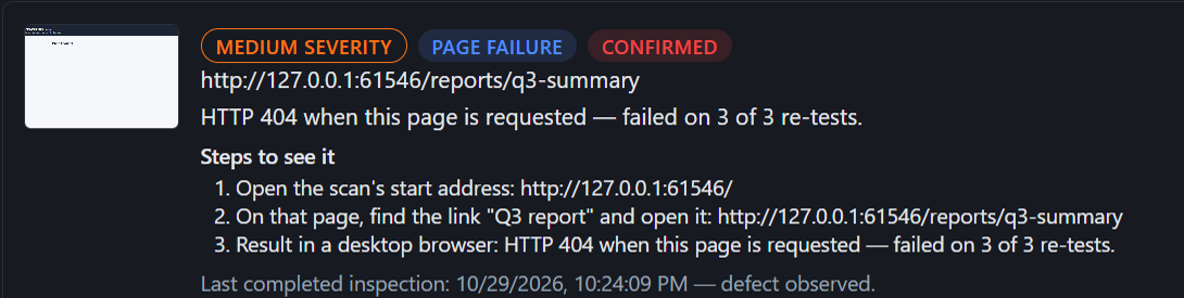 Evidence Engine finding for the page /reports/q3-summary: medium severity, page failure, Confirmed. HTTP 404 when this page is requested, failed on 3 of 3 re-tests, with the three numbered steps that lead to it.